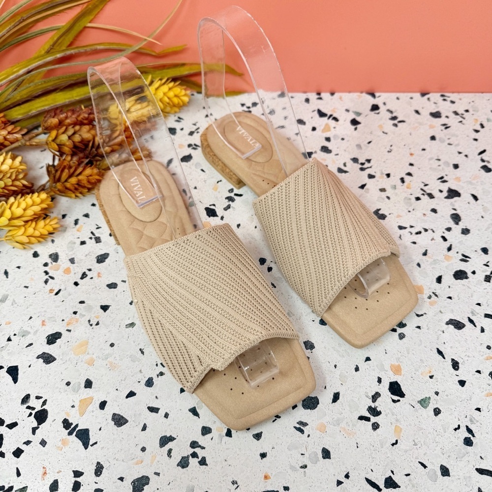 NEW Vivaia Tan Streamline Maeve Square Toe Women’s Mule Slide Sandals Sz 5.5